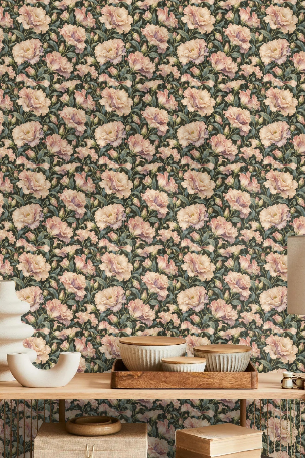 Decorative wallpaper with painterly quality capturing floral freshness