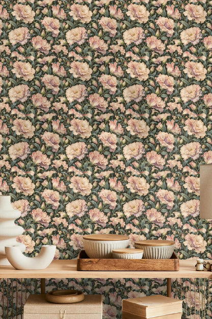 Decorative wallpaper with painterly quality capturing floral freshness