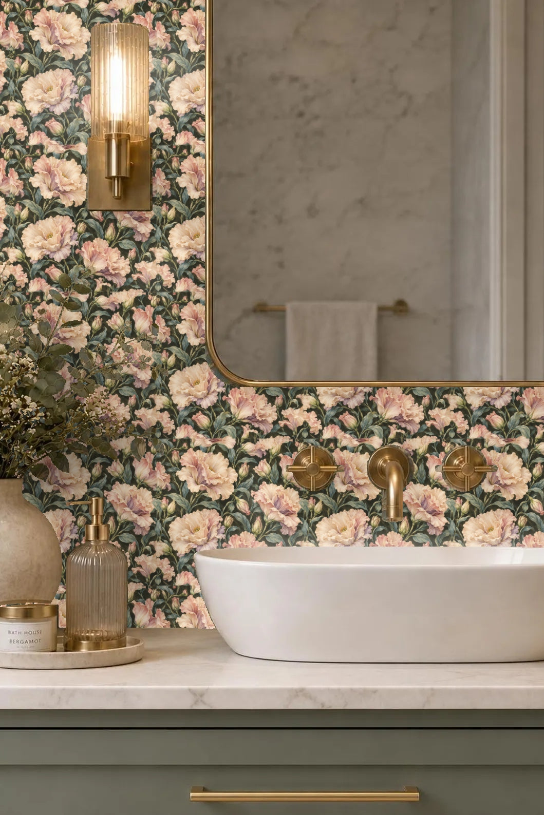 Wallpaper scale in an interior entryway showing repeat pattern and color balance