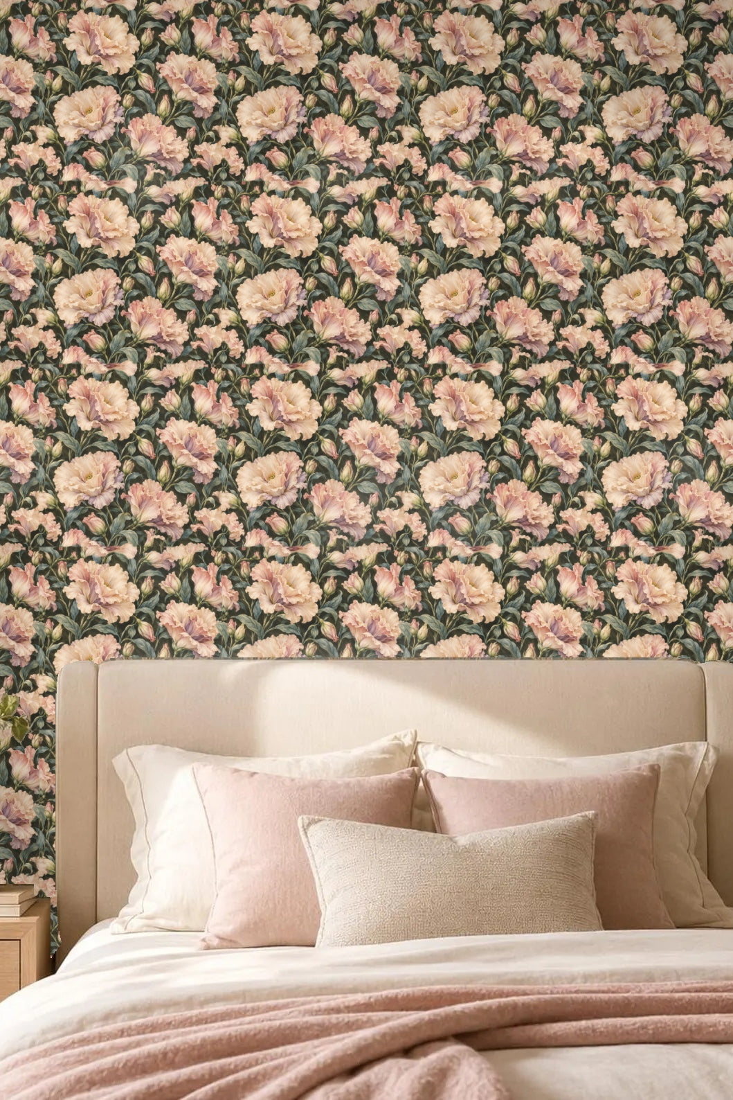 Living room with Champagne Ruffles Lisianthus wallpaper behind neutral sofa and wooden coffee table