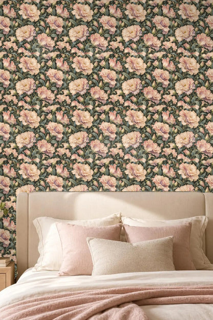 Living room with Champagne Ruffles Lisianthus wallpaper behind neutral sofa and wooden coffee table