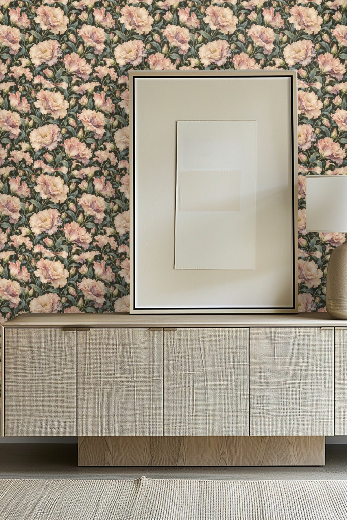 Detailed close-up of Champagne Ruffles Lisianthus wallpaper artwork showing ruffled floral petals and muted foliage