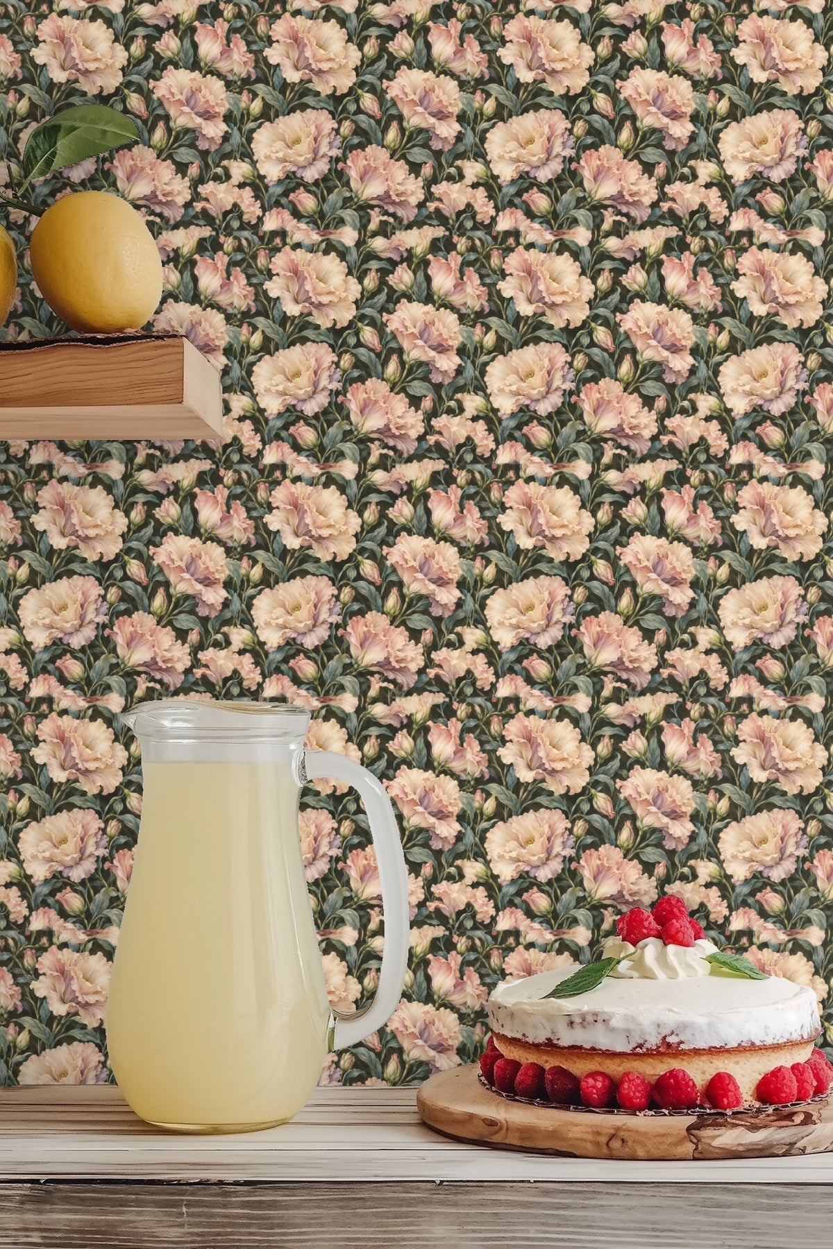 Full wall of wallpaper in a softly lit living room setting with natural fiber rug