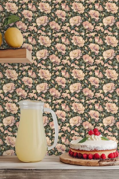 Full wall of wallpaper in a softly lit living room setting with natural fiber rug