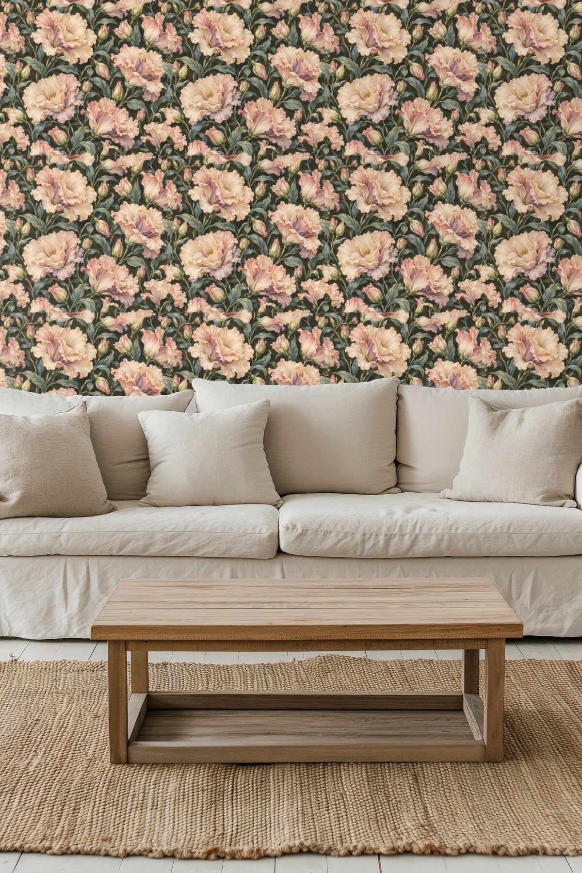 Entryway decorated with Champagne Ruffles Lisianthus wallpaper behind textured sideboard and modern framed artwork