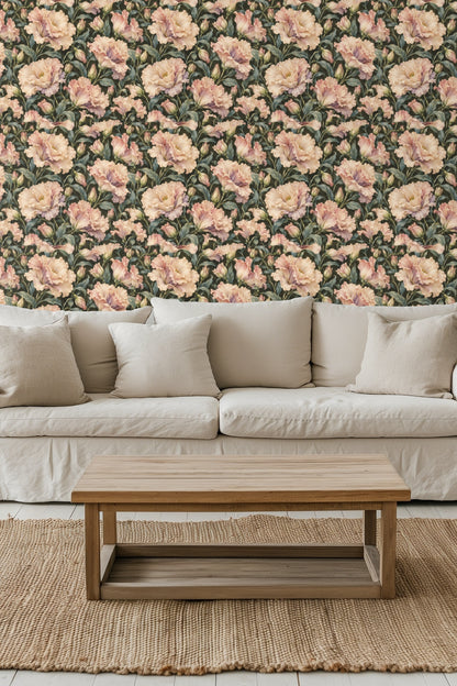 Entryway decorated with Champagne Ruffles Lisianthus wallpaper behind textured sideboard and modern framed artwork
