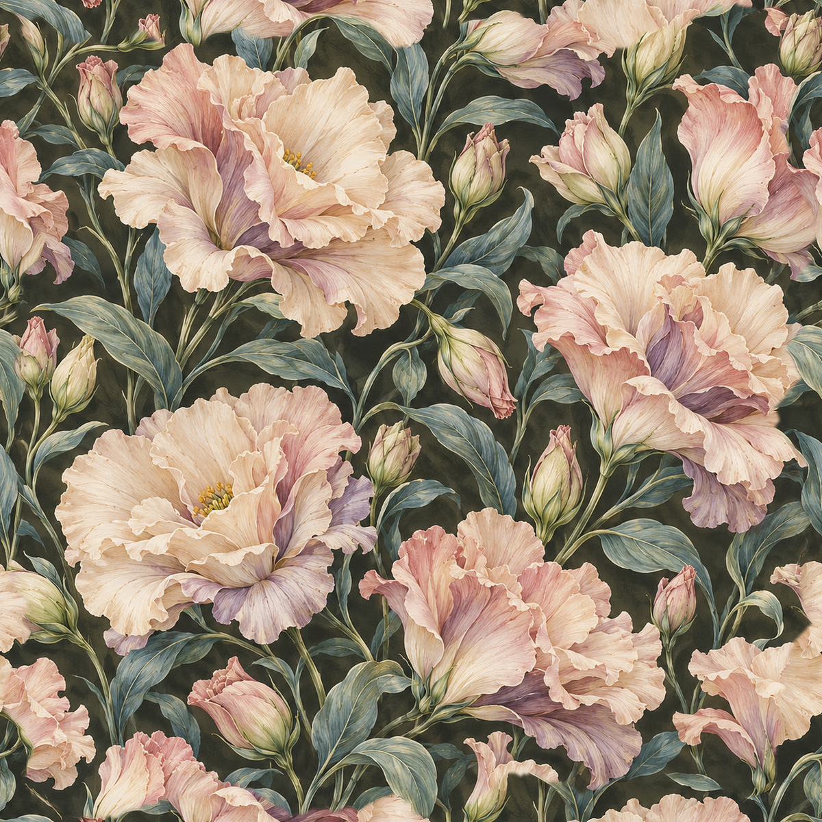 Pattern repeat showing balanced floral organization and soft color transitions