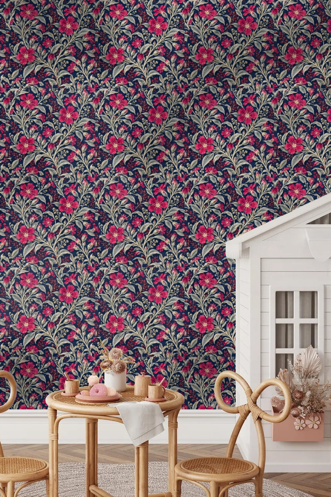 Pattern repeat of lychnis flowers and silver foliage on navy blue wallpaper