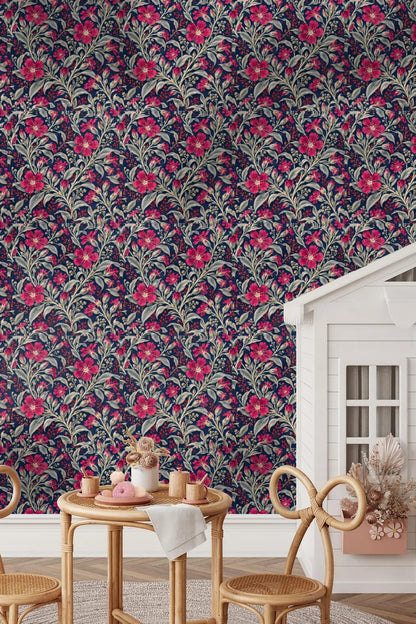 Pattern repeat of lychnis flowers and silver foliage on navy blue wallpaper