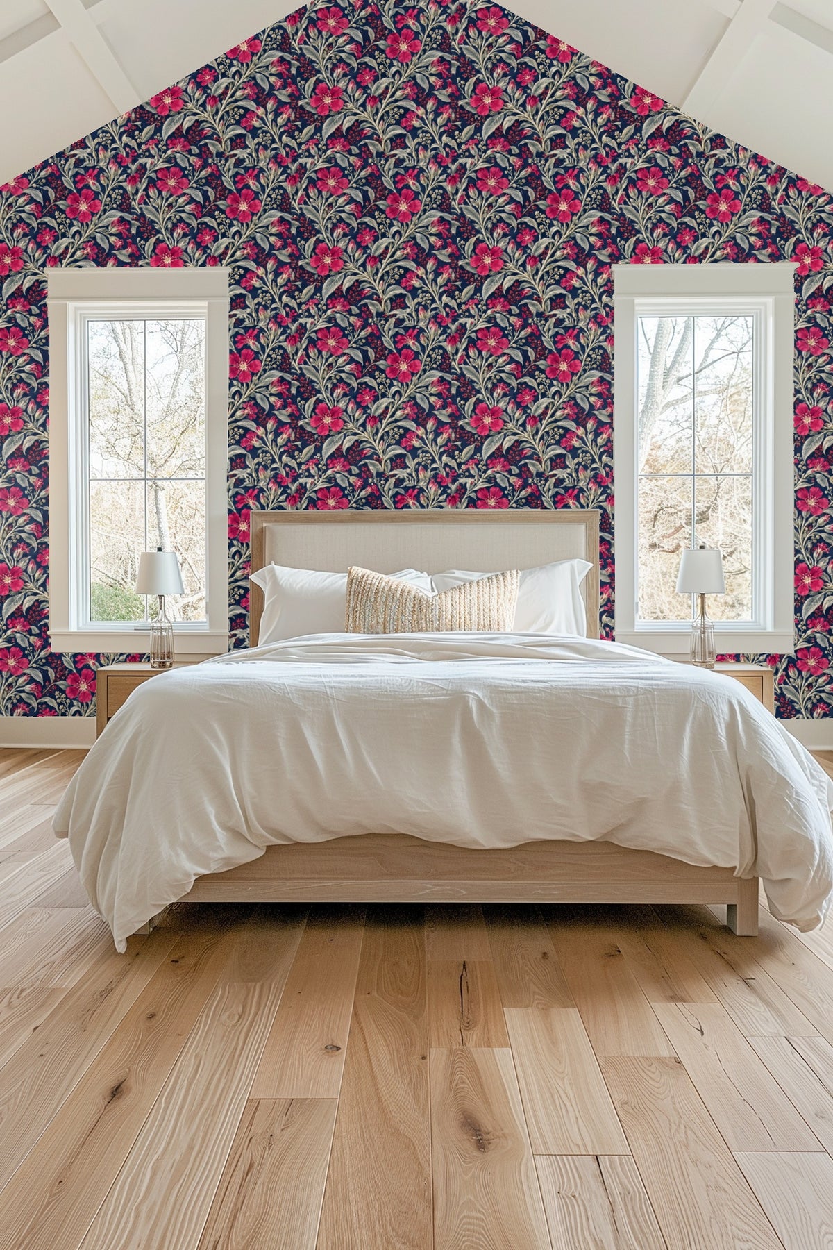 Botanical wallpaper installation with intricate detailed leaves and flowers
