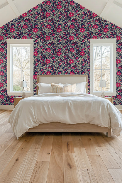 Botanical wallpaper installation with intricate detailed leaves and flowers