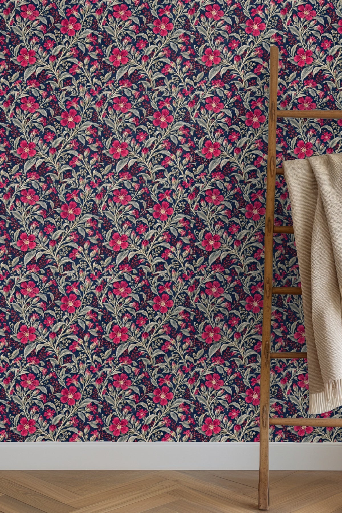 Living room featuring navy blue botanical wallpaper with crimson flowers and silver leaves, orange sofa