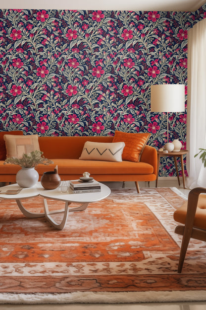 Close-up of vintage floral wallpaper with crimson lychnis flowers on navy background