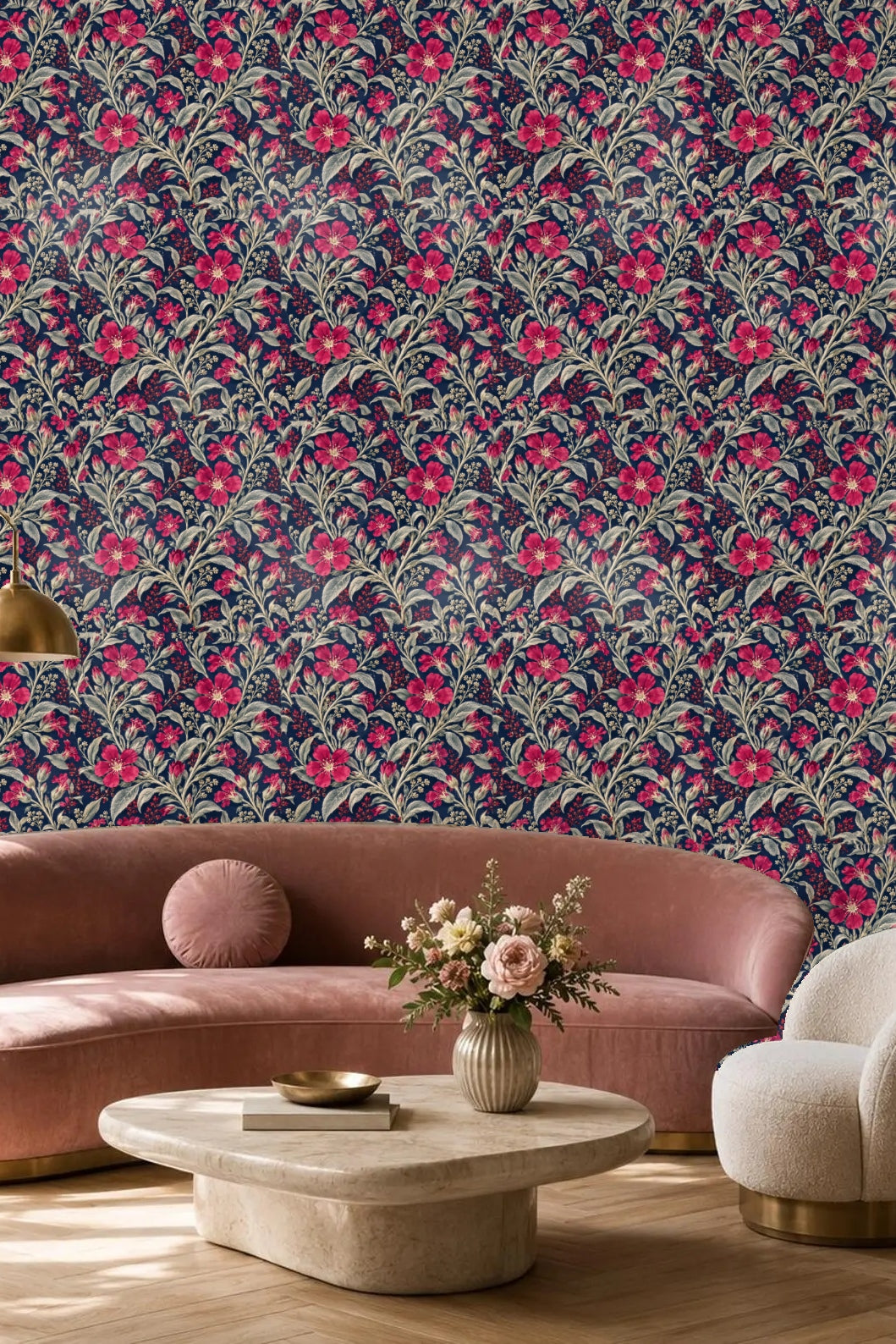 Artistic wallpaper detail showing flower petals and buds in red and cream