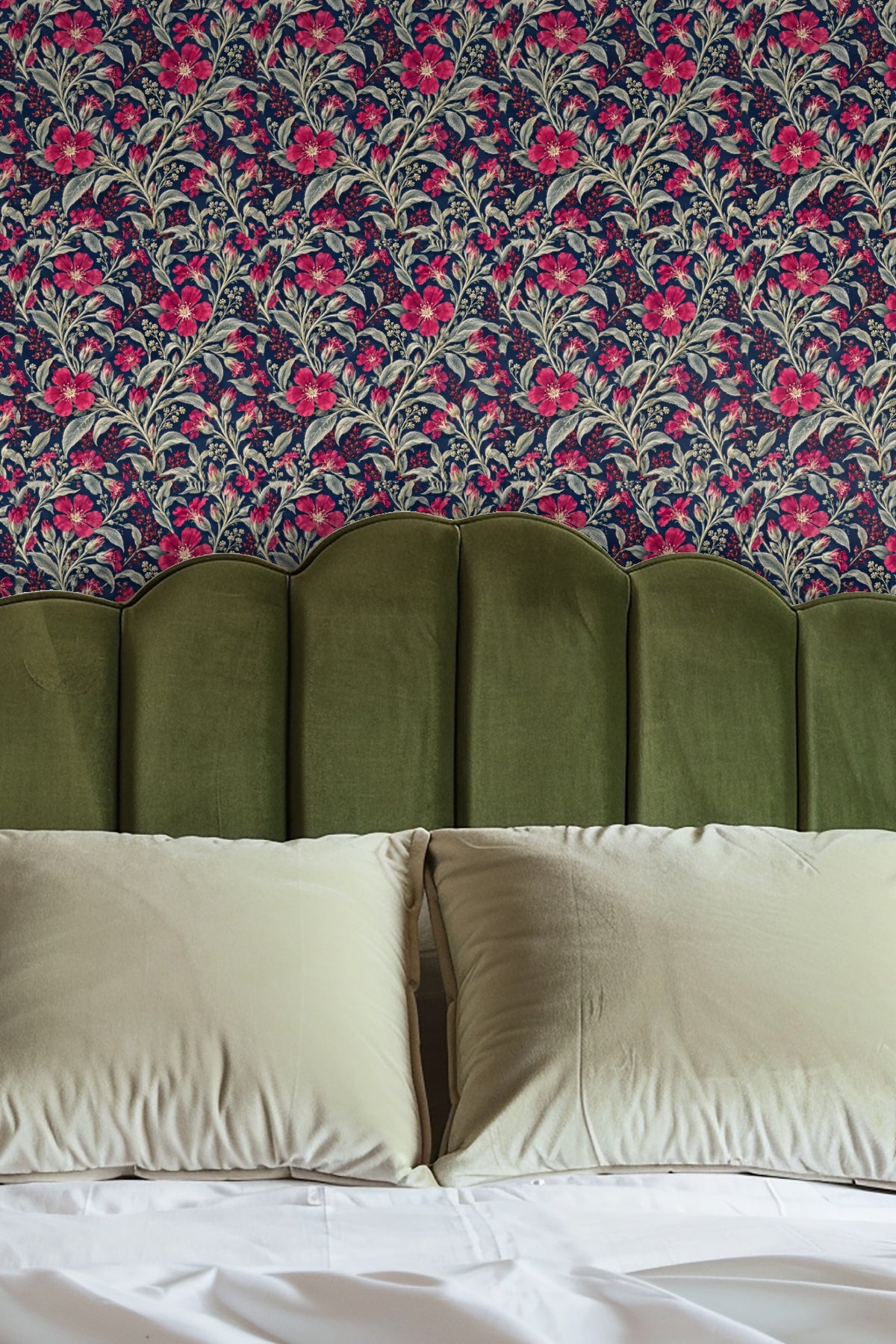 Wallpaper detail showing crimson flowers and silver leaves on deep blue background
