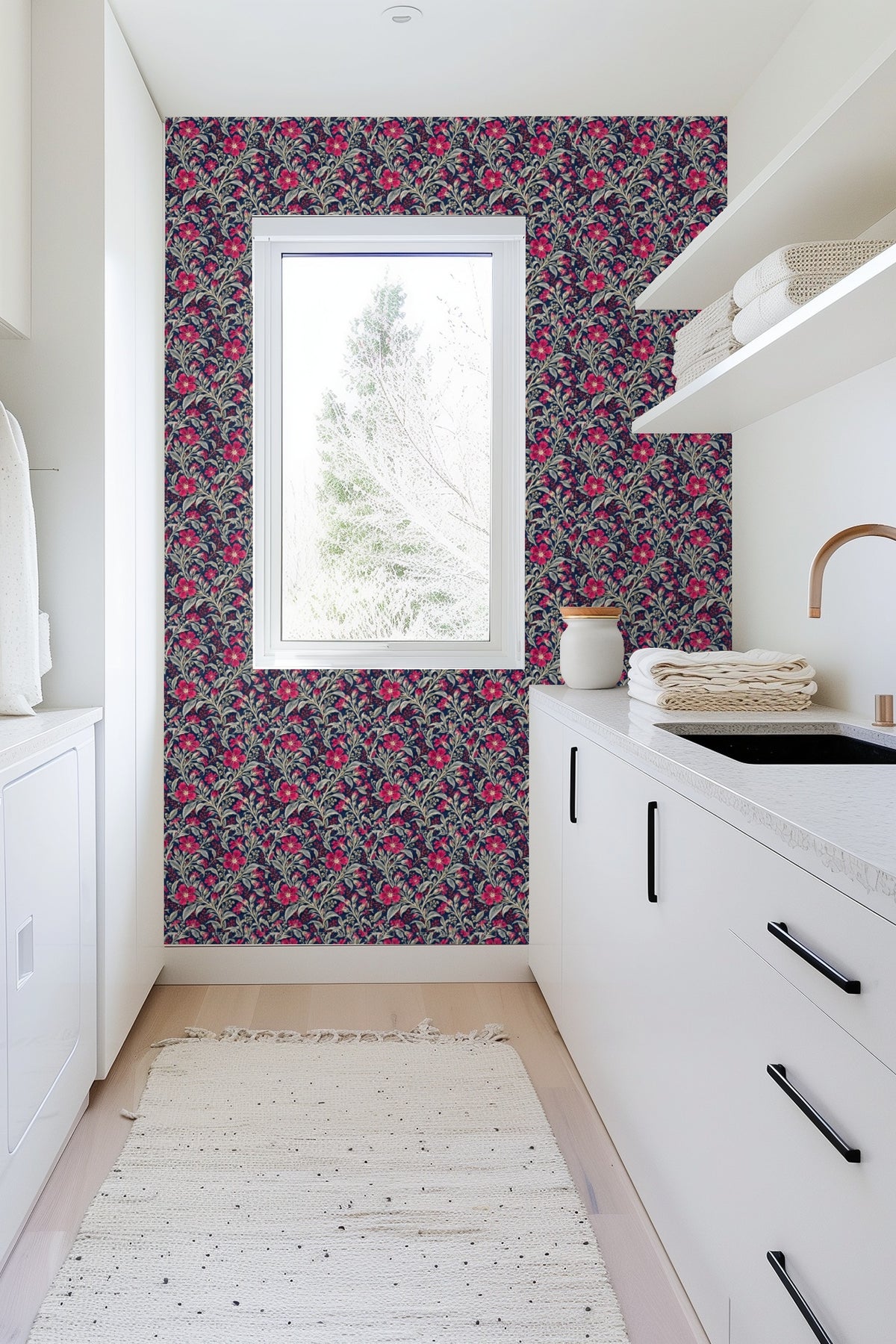 Textured wallpaper surface with botanical crimson and silver elements