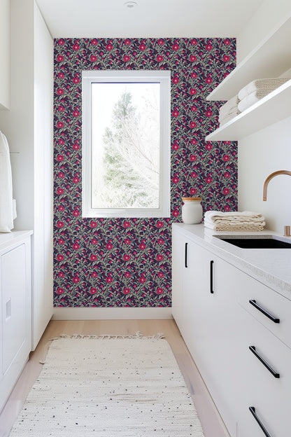 Textured wallpaper surface with botanical crimson and silver elements