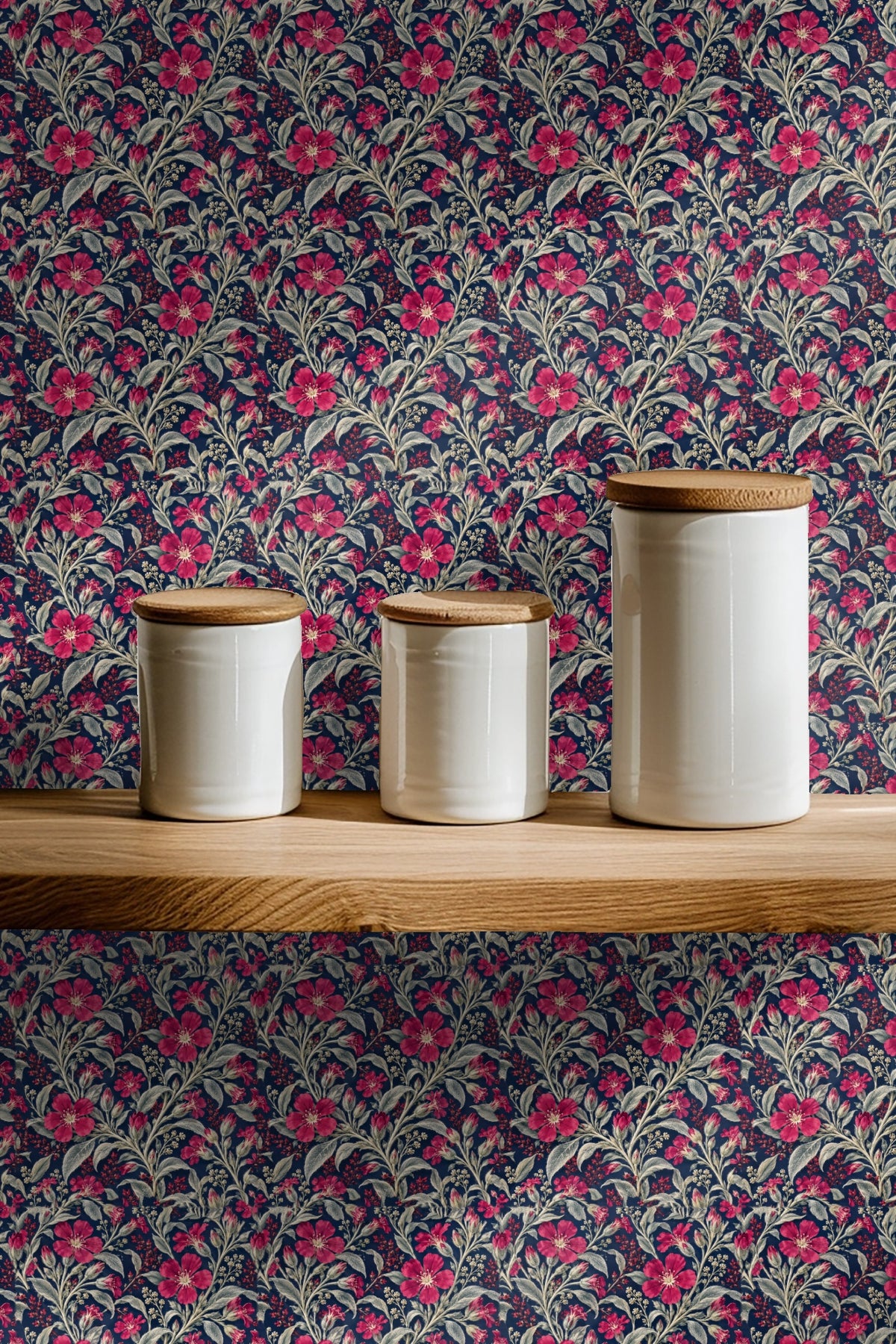 Interior wall styled with bold floral wallpaper and mid-century modern furnishings