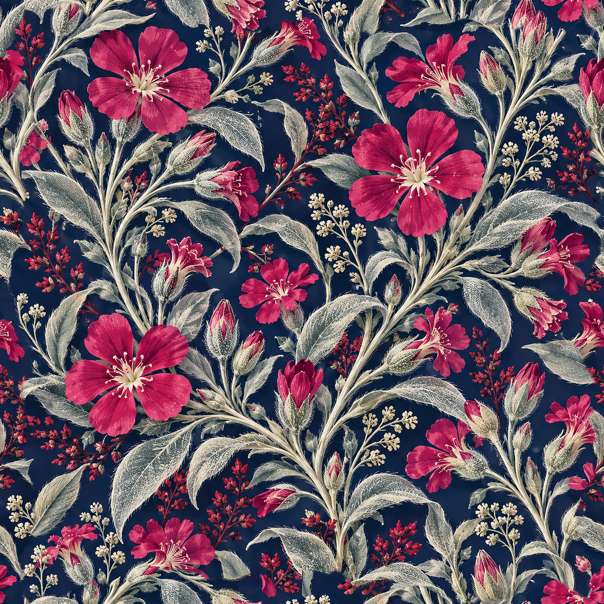 Patterned wallpaper in navy featuring vivid flowers and delicate silver stems
