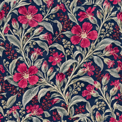 Patterned wallpaper in navy featuring vivid flowers and delicate silver stems