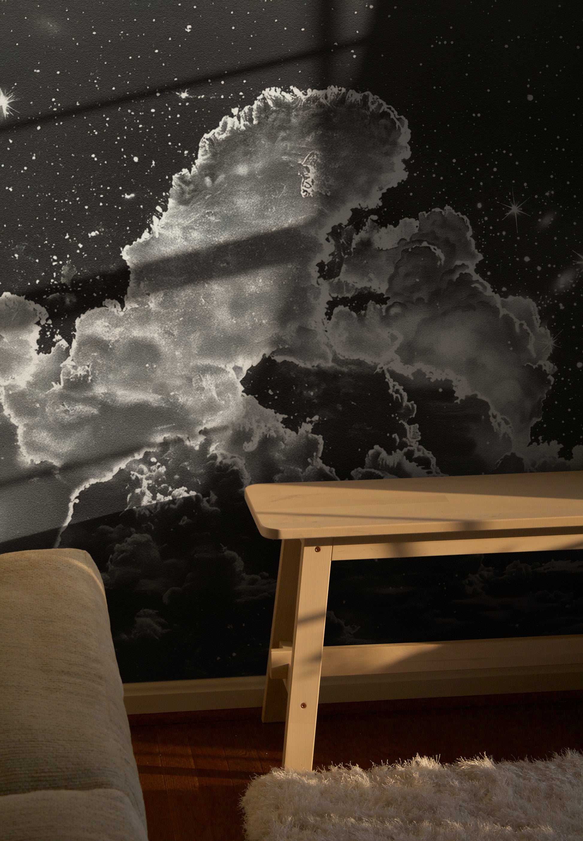 Ethereal Clouds Under Starlit Skies monochrome removable wallpaper mural