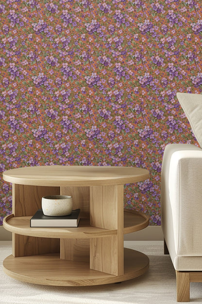 Arrangement of violet and lilac flowers in medium-scale floral pattern