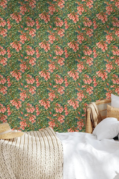 Soft highlights on coral petals and buds with detailed botanical texture.