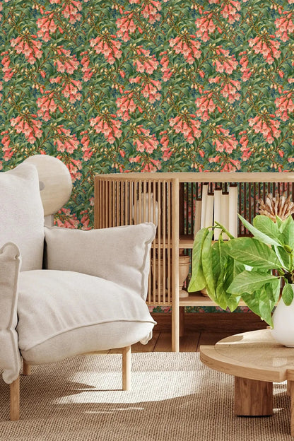 Abstract leafy blue and olive pattern on background behind coral floral clusters.