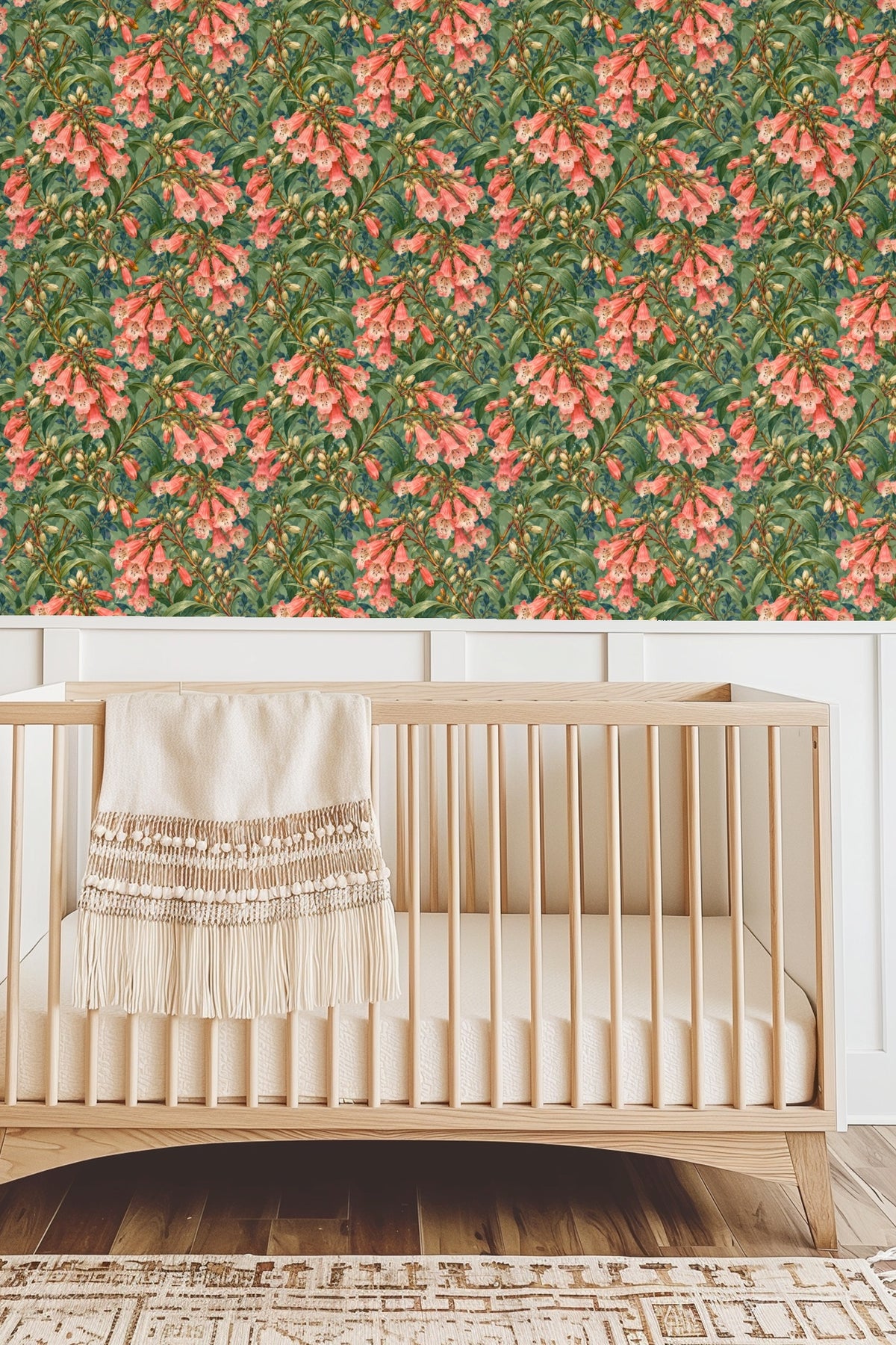 Repeated wallpaper pattern showing clustered coral flowers and green leaves.