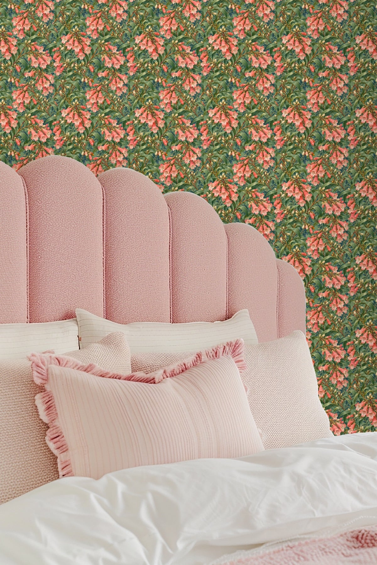 Emerald and teal leafy background with striking coral floral motifs.