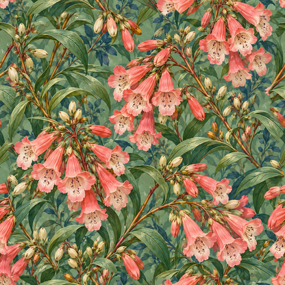 Vibrant coral bell-shaped penstemon flowers in naturalistic botanical wallpaper design.