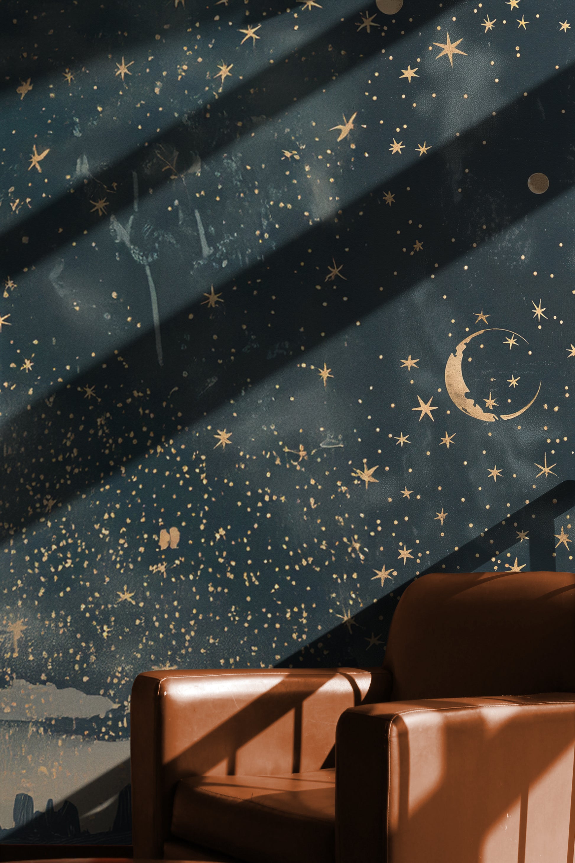 Midnight Starry Reverie deep blue green gold celestial peel and stick wallpaper