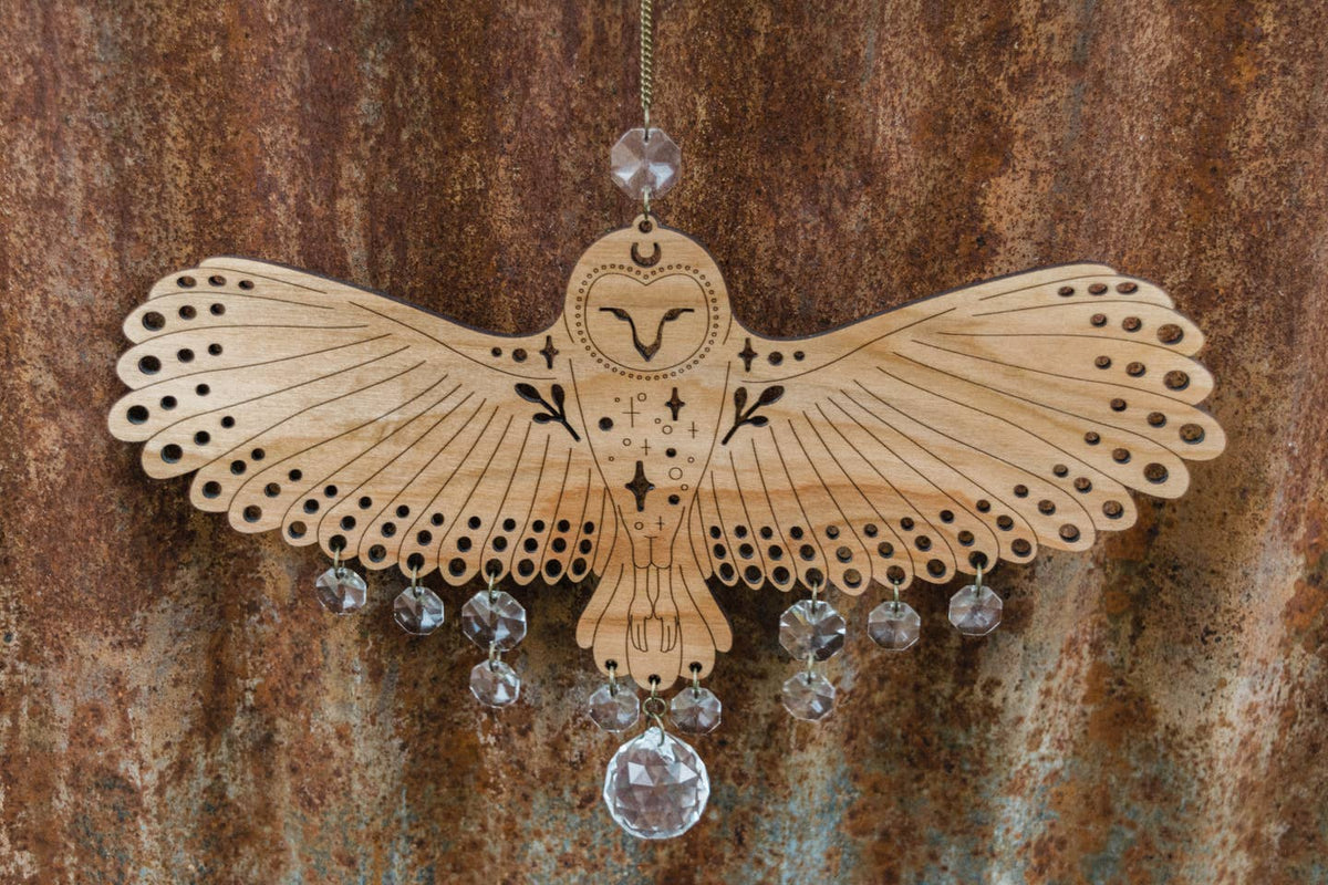 Owl Wooden Wall Hanging Bird Suncatcher w/ Crystal Prisms by HEX Botanical — view 6