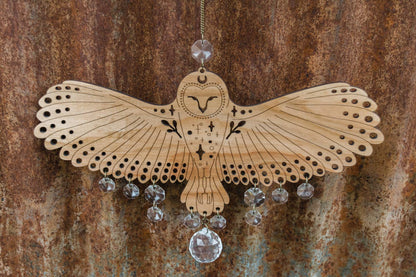 Owl Wooden Wall Hanging Bird Suncatcher w/ Crystal Prisms by HEX Botanical — view 6