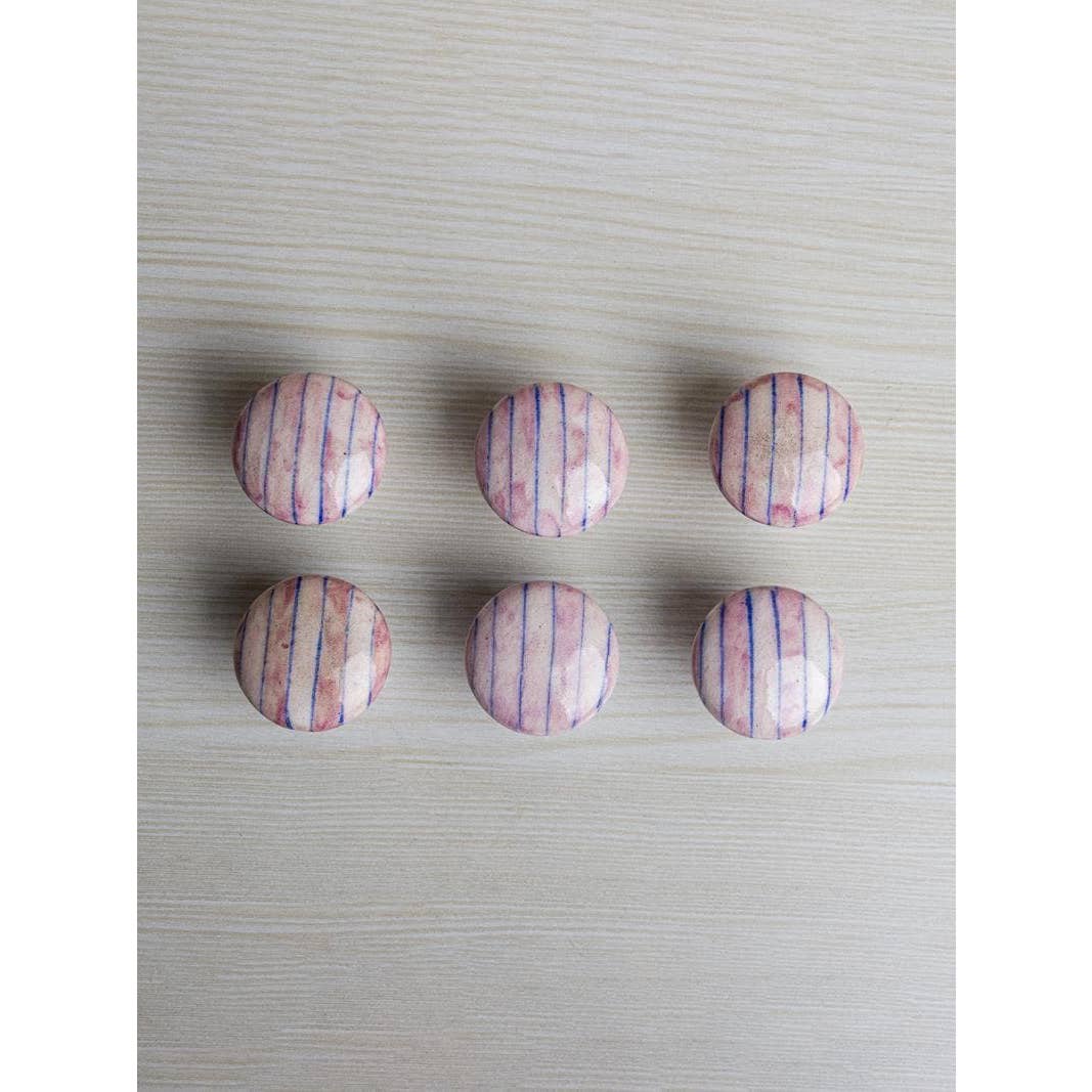 Handmade Unique Pink and Blue Striped Ceramic Cabinet Knob by KNOBCO — view 4