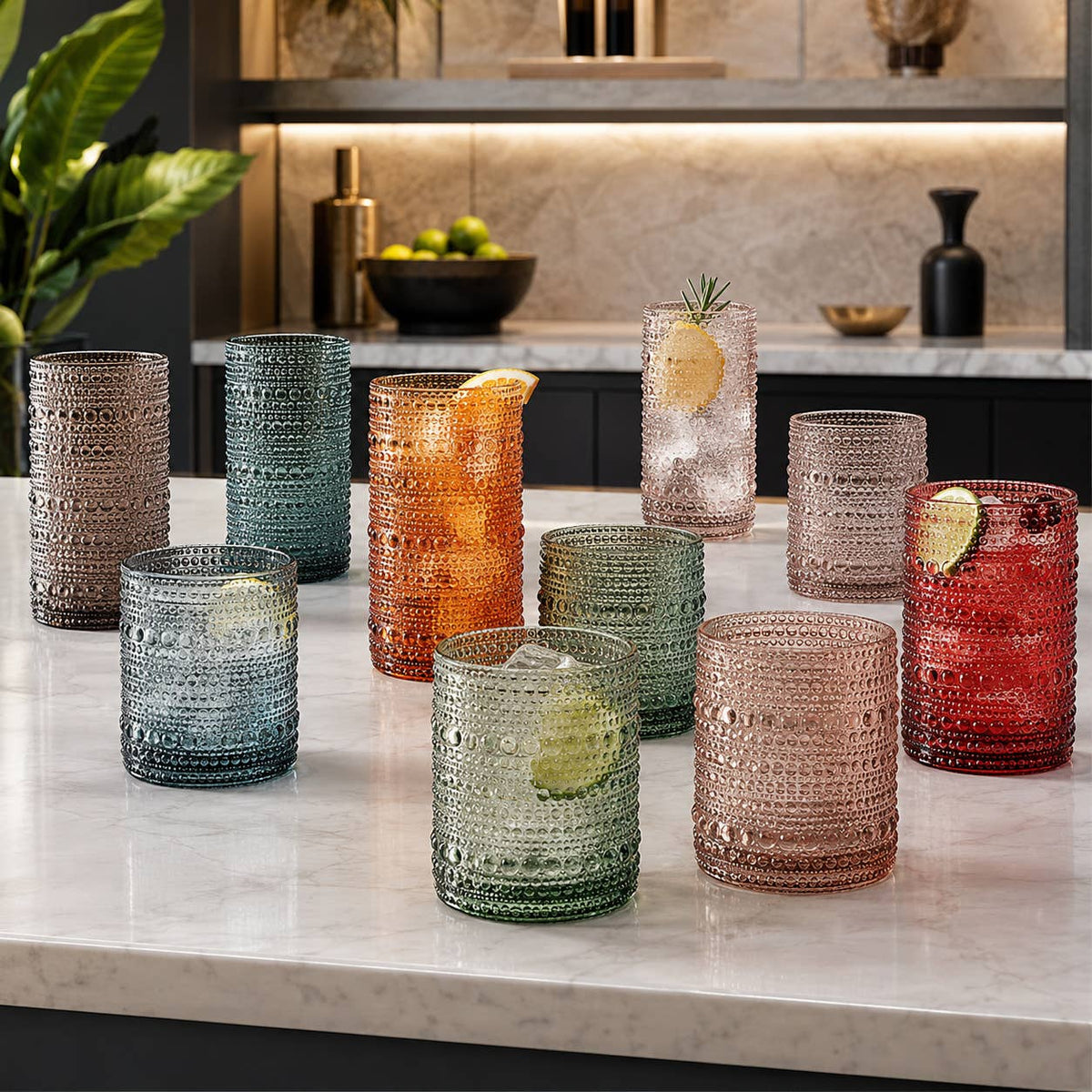 12 Hobnail Drinking Glasses Pastel Colored Beaded Set by The Wine Savant / Khen Glassware — view 6