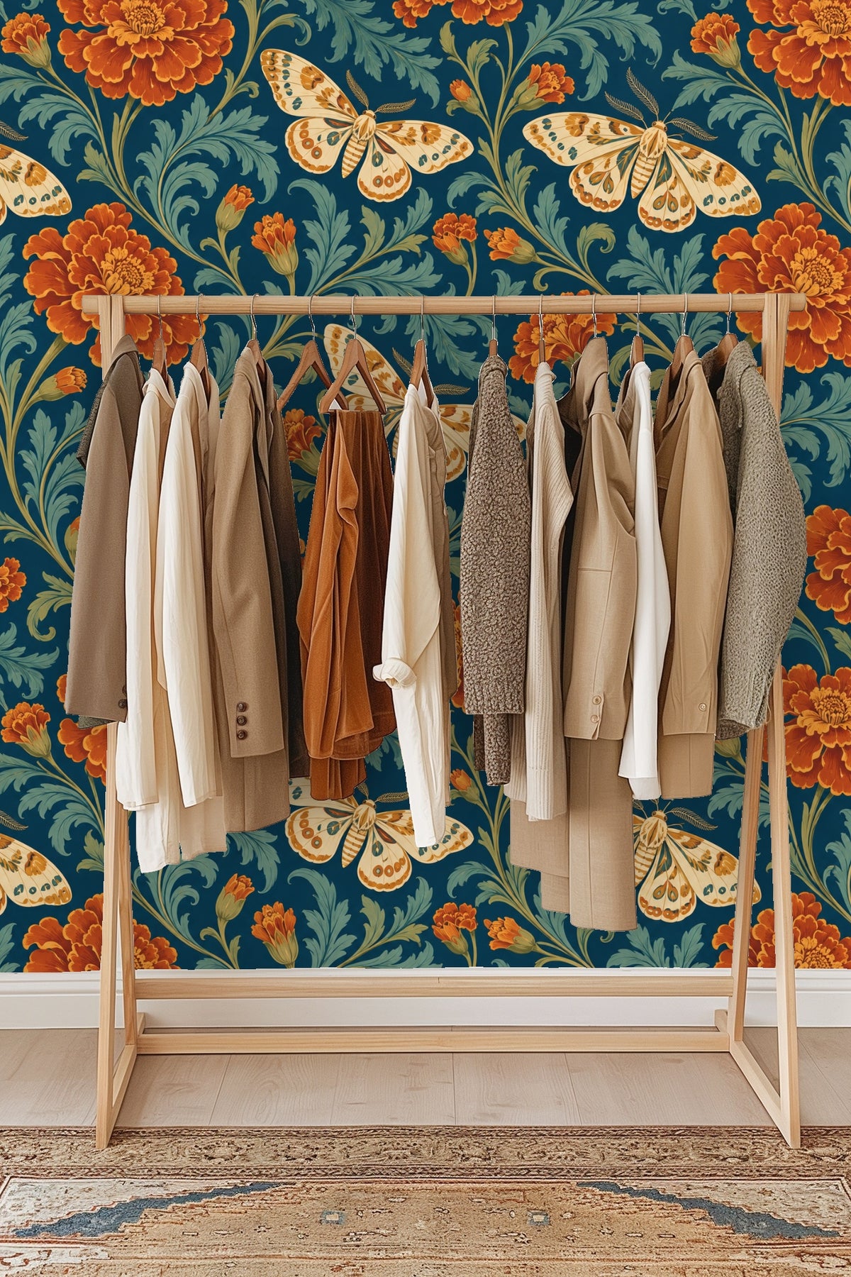 Detailed view of curling teal foliage framing rust marigold flowers and cream moths