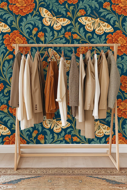 Detailed view of curling teal foliage framing rust marigold flowers and cream moths