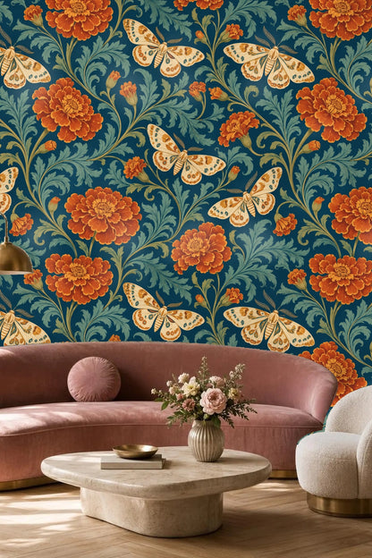 Bedroom wall behind olive green velvet headboard adorned with wallpaper featuring rust marigolds and cream moths on teal