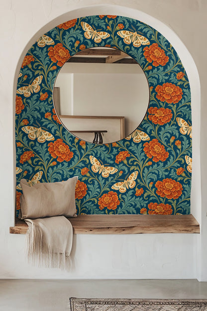 Overall wallpaper section showing spacing between moths and marigold flowers in classical layout