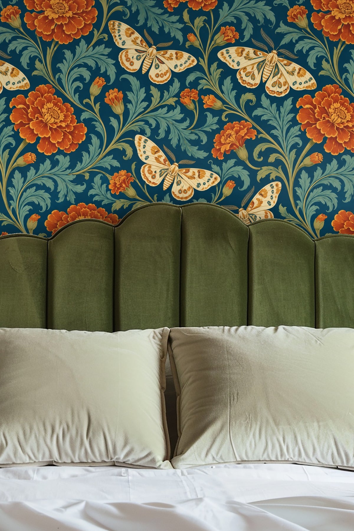 Pattern detail showing rust-orange marigold flowers and cream moths with teal accents on a deep teal background