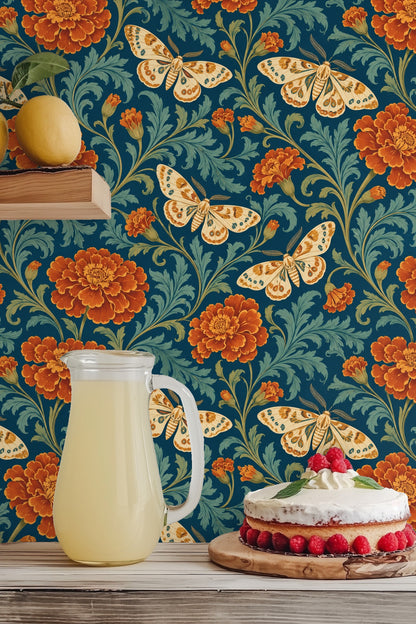 Side angle showing moths perched among marigold flowers on wallpaper