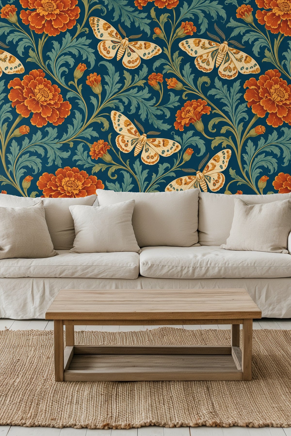 Pattern section highlighting the contrast between orange flower buds and cream moth bodies