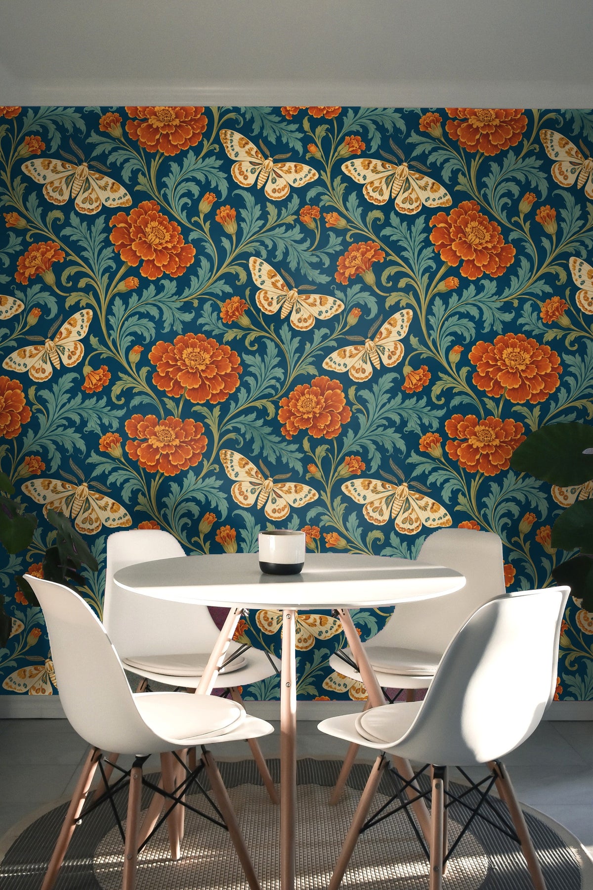 Wallpaper pattern repeat with rust marigolds and moths balanced against teal foliage