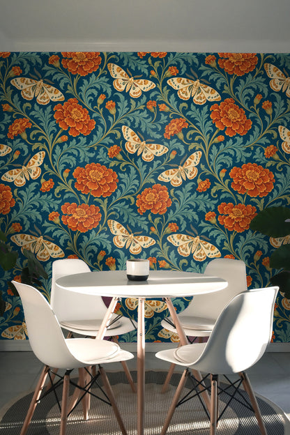Wallpaper pattern repeat with rust marigolds and moths balanced against teal foliage