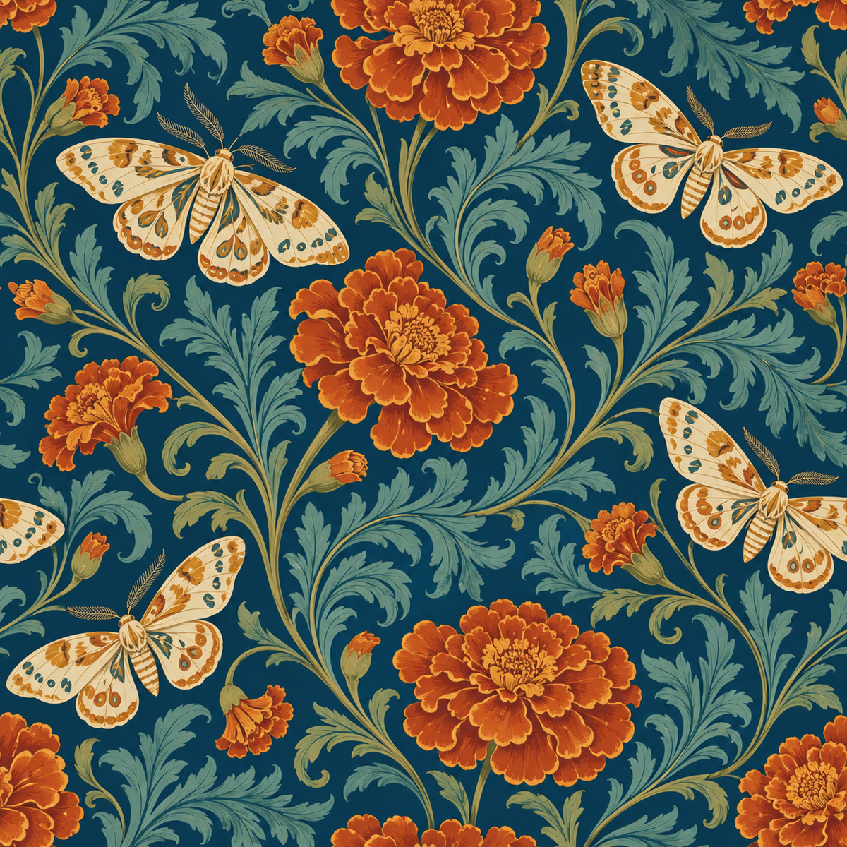 Wallpaper on wall demonstrating vintage-inspired floral and insect design with bold autumnal color palette