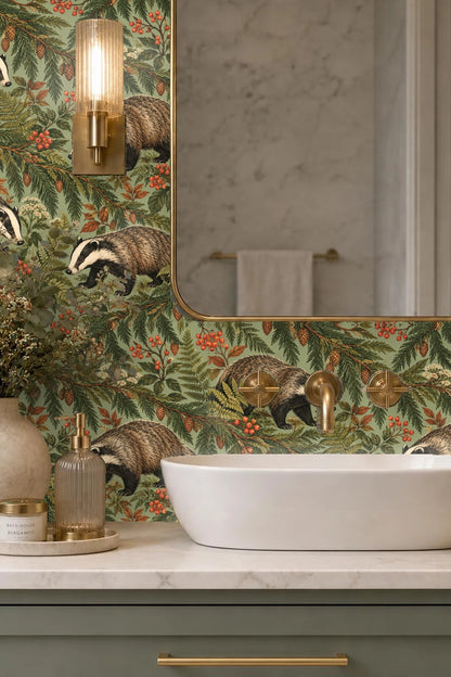 Room setting showing candle and flowers on wooden side table in front of wallpaper with badgers and cedar