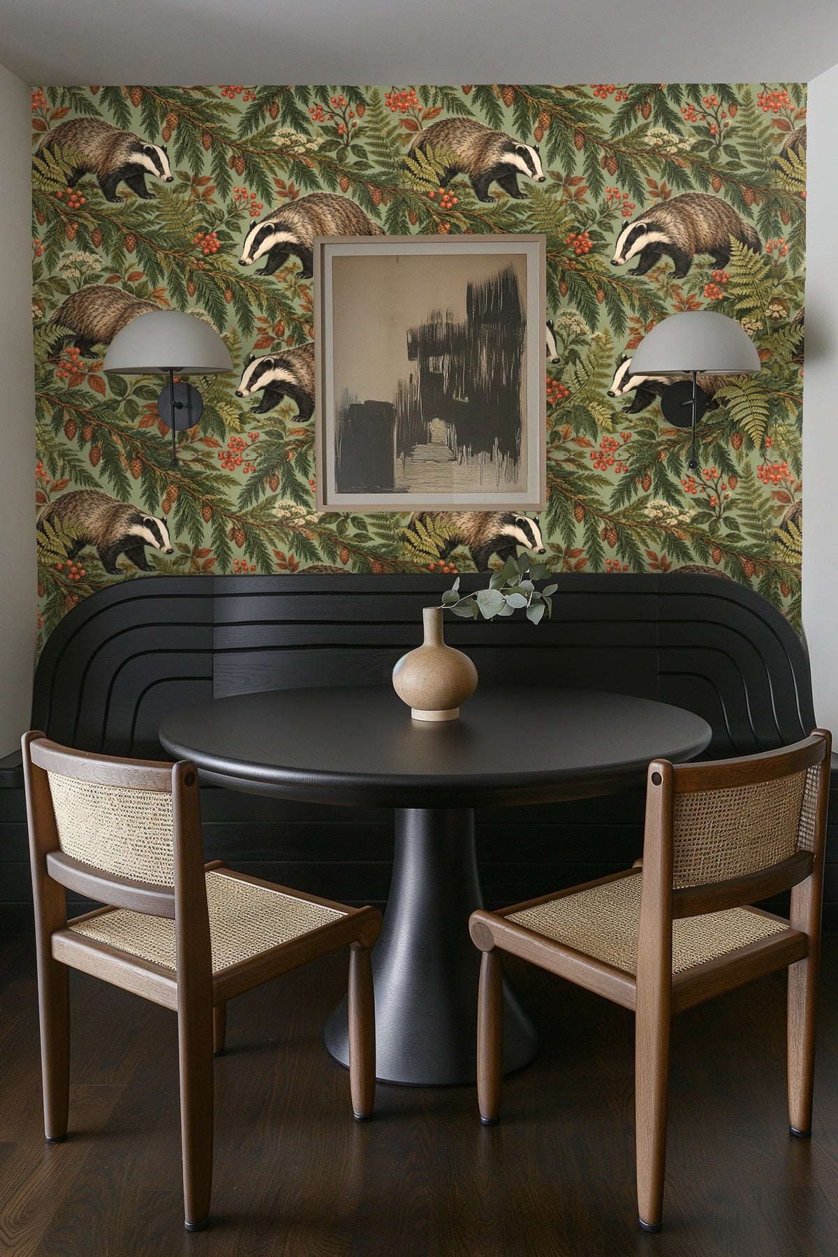 Room vignette highlighting wallpaper pattern scale behind stacked towels and basket