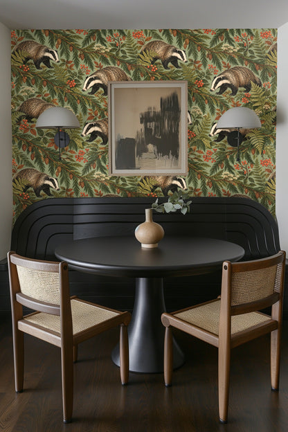 Room vignette highlighting wallpaper pattern scale behind stacked towels and basket
