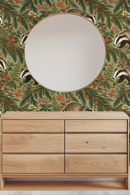 Natural light washing over wallpaper pattern in laundry room setting